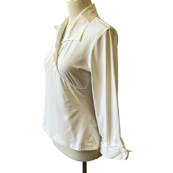 SOLD ANNE FONTAINE SURPRISE TOP 40 6-8 WHITE WRAP 3/4 SLEEVE STRETCH PIMA COTTON - Picture 4 of 12